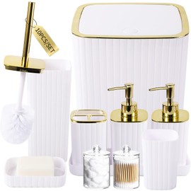 XLHOMO Bathroom Accessories Set - Gorgeous Bathroom Set, 10PC White Bathroom Accessory Set, Toilet Brush, Trash Can, Qtip Holder Dispenser & Soap Dispenser