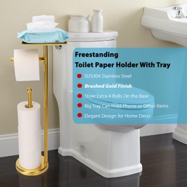 Noonext Gold Toilet Paper Holder Stand, Freestanding Toilet Paper Stand with Tray for Small Items, Toilet Paper Holder with Shelf, Storage Space for 4 Extra Toilet Paper Rolls (Gold)