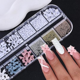 12 Grids 3D Nail Art Charms and Flatback Pearls Pink Blue Bow Heart Nail Charms and Gems Bows Rhinestones for Nail Art Design Cute Gold Silver Mini Beads Nail Jewel for Women DIY Manicure Decorations