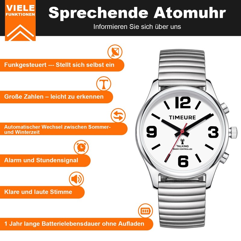 Talking Radio-Controlled Watch with Analogue Display, Date and Time Announcement,
