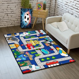 Kids Carpet Playmat Rug - Kids Car Rug Play Mat, City Life Map Car Mat for Kids Toy Cars Educational Play Traffic Road Carpet for Kids Car Track Rug for Bedroom (Sky Blue, 2.5x4 Feet)