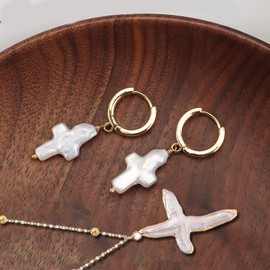 GFLPO Nature Freshwater Pearl Cross Necklace Earring for Women,Baroque Pearl Earrings,Big Gold Cross Necklace,Minimalist Necklaces,Christian Jewelry