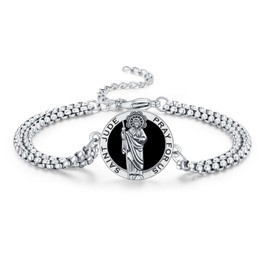 Vavacoy St Jude Bracelet for Men Women 925 Sterling Silver Religious Patron Saint Jude Bracelets Black Onyx Catholic Jewelry St Jude Bracelet with 3.0mm Double Rolo Chain 9inches