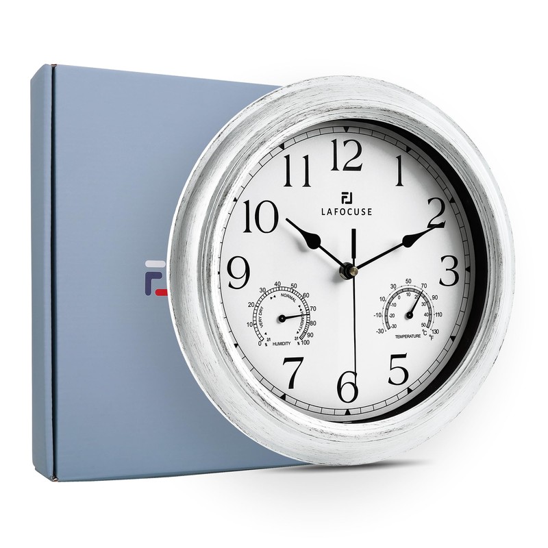 Lafocuse White Outdoor Wall Clocks Waterproof for Patio with Thermometer,