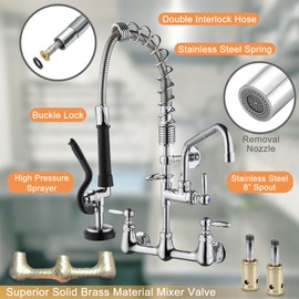 AGAHPAY Commercial Sink Faucet with Sprayer Wall Mount Kitchen Faucet 8 Inch Center 21" Height with Thickened Hose 8 Inch Stainless Steel Spout Commercial Sink Faucet