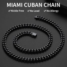Mens Cuban Link Chain, Black Miami Cuban Chain Necklace for Men, 7mm Wide Hip Hop Mens Jewelry, 18"