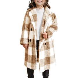 Meikulo Girls Plaid Fleece Jacket Kids Sherpa Long Winter Coats Lapel Fashion Outerwear 5-14 Years
