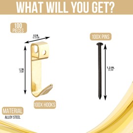 Hardware-Solutions 100 PCS Single Brass Plated Steel Picture Hooks with Pins Included for Hanging Pictures Frames, Art or Mirrors