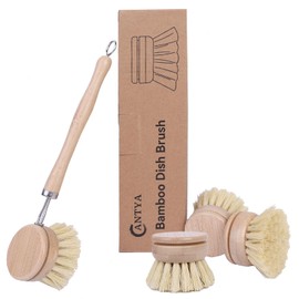 Bamboo Dish Brush - 4 Replacement Heads | Brosse Vaisselle Eco Friendly Products | Dish Scrub Brush | Dish Scrubber | Kitchen Brush | Dish Brush with Handle for Cleaning Kitchen Utensils