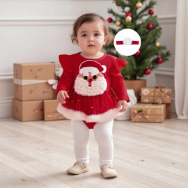 Newborn Baby Girl Christmas Outfit Long Sleeve Ruffle Christmas Tulle Dress with Headband Cute Infant Girl Clothes (Santa Sequins Red, 6-12 Months)