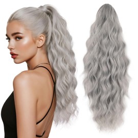 Ponytail Extension, 18 Inch Claw Clip Ponytail Extensions Curly Wavy Ponytail Hair Extension Jaw Clip on Pony Tails Hairpiece for Women Fluffy Natural Synthetic for Daily Use (Silver Grey)