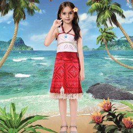 Tyidalin Mädchen Prinzessin Moana Kostüm für Kinder Vaiana 2 Ozean Kleid mit Perücke und Halskette Faschingskostüme Geburtstag Karneval Cosplay, Rot, 128-134(Etikett 130)