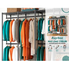 Raybee Clothing Rack, 76" W Clothes Rack with Cover, 1150LBS Heavy Duty Clothes Rack 5 Hanging Rods for 200+ Clothes, Freestanding Closet Rack Wardrobe for Bedroom Space Saver, Black