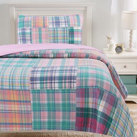 Raelyn Pink Blue Green Grid Patchwork 100% Cotton Reversible Quilt Bedding Set, Bedspread, Coverlet (Green/Pink, Queen - 3 Piece)