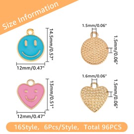 SUPERFINDINGS 96 Pieces 2 Styles Smile Face Charms Pendant Alloy Enamel Charms Pendant 8 Colours Flat Round Heart with Smiling Charms for Jewellery Making, Hole: 1.5 ~ 1.6 mm