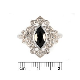 Esse Marcasite Sterling Silver Rhodium Plated Marquise Cut Black Spinel & Marcasite Victorian Dress Ring - Size P