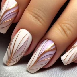 ANDGING Milky White Press on Nails Square Short Medium Glue on Nails for Women Fantasy Fake Nails with Gold Curved Designs Artificial Stick on Nails Gel Manicure Acrylic False Nails for Wedding