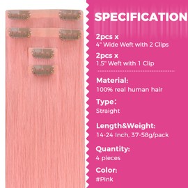 Lashey Clip-In Real Hair Extensions, Highlights, Pink, 50 g, 4 Pieces, Seamless Clip-In Hair Extensions, 55 cm (22 inches), Straight Remy Human Hair with PU Wefts (Pink)