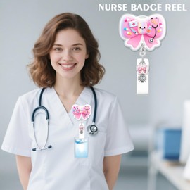 Cute Badge Reel Pink Bow Nurse Worker Badge Holder Retractable Badge Reel for Hr Nurse Office Workers ID Card Badge Alligator Clips for Nurses Medical Workers Nursing Student Teacher Accessories