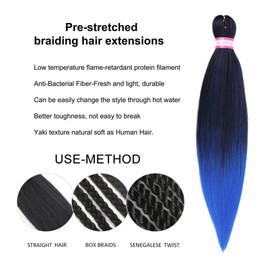 Pre Stretched Braiding Hair 20 Inch 8 Packs Natural Black to Blue Ombre Braiding Hair Professional Hot Water Setting Perm Yaki Synthetic Hair Extension for Twist Crochet Braids (#1B/Blue)