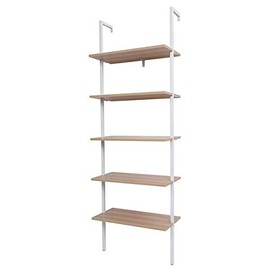 Industrial Bookshelf 5-Tier Modern Ladder Shelf, Vintage Metal Pipes and Wood Shelves, Ladder Shelf Wall Mounted Bookcase (Walnut and White Frame, 5-Shelf Bookcase)