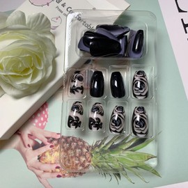 Black Press on Nails Short Coffin Fake Nails with Rose Designs, Reusable Full Cover Nails Press ons Glossy Stick on Nails for Women Girl 24 Pcs