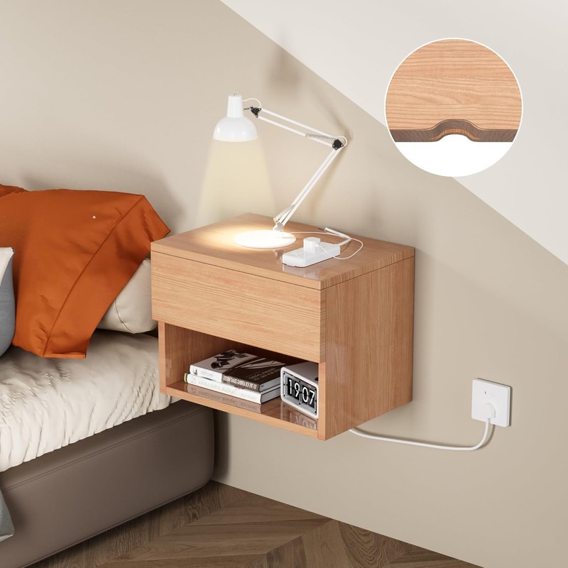 Floating Nightstand, Modern Wall Mounted Bedside Table with Drawer, Wood