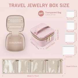 EZESO Jewellery Box, Small Travel Jewellery Organise Storage Case,Premium Velvet Jewellery Gift Box with 8 Clear Jewelry Pouches for Necklace,Ring, Earrings for Women (Pink)