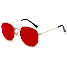 RUNHUIS Retro Polygon Sunglasses for Men and Women, Fashionable Square Glasses, Ultralight Metal Frame, Gold/Red