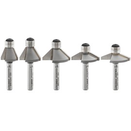 Ultra-Shear Chamfer Router Bit 5 Piece Set, 1/4 Shank, 2 Flute, Twin Bearing, Carbide Tipped, USA Made Edge Forming Bevel Bit - US22CH-5PC