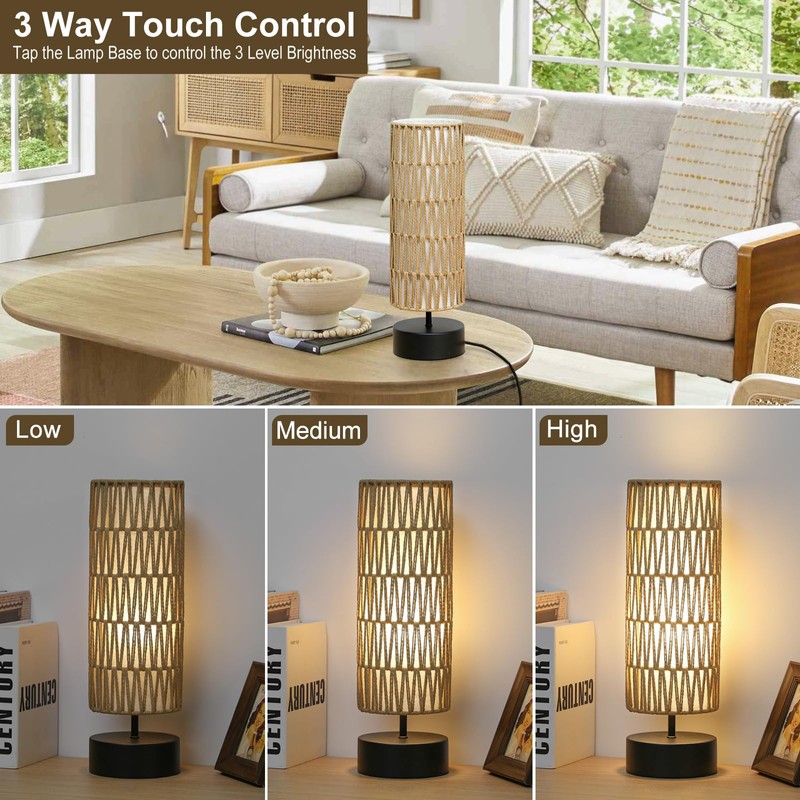 Rattan Table Lamp, Touch Control Bedside Table Lamp with Black