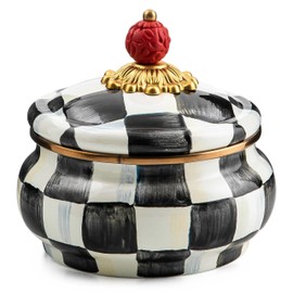 MACKENZIE-CHILDS Enamel Squashed Pot, Cute Enameled Container with Lid, 20 Ounces, Black-and-White Courtly Check