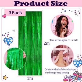 3pcs Tinsel Curtain Green Glitter Foil Door Curtain Party Backdrop,3.2ftx6.5ft Foil Fringe Curtain Party Streamers Shimmer Curtain Backdrop Decorations for Birthday Christmas St Patrick's Day Party