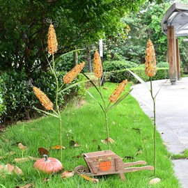 YK Decor Fall Harvest Metal Corn Stalk Decorative Garden Stake Yard Art Patio Lawn Outdoor Fall Stake for Autumn Thanksgiving Decoration (40" H 41" H 45" H)