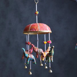 Rajasthani Umbrella Elephant Hanging with Bells, Elephant Umbrella for Wall & Door Hanging, Wind Chimes, Indian Diwali, Home Decor, Wedding, Party, Traditional Pooja Return Gifts, 16x6 Inch (Pack 2)