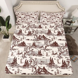 Homewish Western Cowboy Boys Fitted Sheet Twin Size,Rustic Farmhouse Cowboy Bedding Set,Boys Men Adults Bedroom Decor,Horse Cactus Plants Mountain Bed Cover,Brown Retro Bed Sheet,1 Pillowcase