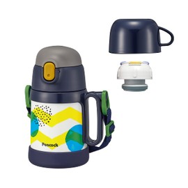 RaMokey Peacock, 2-Way Water Bottle, 13.7 fl oz (400 ml) / 12.2 fl oz (360 ml), Includes Straw, Cup, Kids Bottle, Thermal, Cold Insulation, Navy Dot, ASK-W40 AKD Stainless Steel