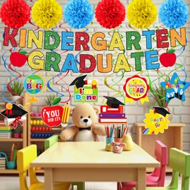 Kindergarten Graduation Party Decorations 2025 Kindergarten Graduation Banner Colorful Congrats Grad Hanging Swirl for Pre-Elementary Celebration Class of 2025 Ceremony School Party Supplies