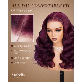 Arabella Pelucas Sin Pegamento 5X6 Color Burdeos, Cabello Humano Prearrancado, Precortado, Densidad Del 230%, 100% Cabello Humano, 12 A, Prearrancado, Nudos Decolorados, Onda Suelta, 20 Pulgadas