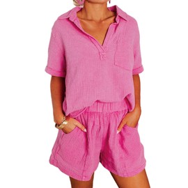 Dokotoo 2 Piece Outfits for Women Fashion Lounge Sets 2024 Summer Two Piece Solid Textured V Neck Polo Shirts and High Waist Shorts Pants with Pockets Resort Wear Vacation Tracksuits Rose L