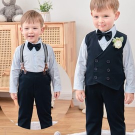 Zupora Baby Suit Boys Formal Suit Toddler Waistcoat Birthday Party Dress Gentleman Infant Wedding Outfit Tuxedo Shirt + Suspender Pants + Waistcoat + Bow Tie + Christening 6 Piece Clothes Set