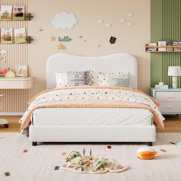 GarveeHome Twin Bed Frame for Kids with Velvet Upholstered Headboard,