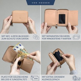 VON HEESEN Leather Wallet with RFID Blocker - Wallet for Men and Women Made of Genuine Leather - Wallet with Coin Compartment - Wallet for Men and Women, rose, 2 main compartments