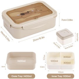 LUZOON Lunch Box, Bento Box Adult Lunch Box 1400 ml with 3 Compartments for Children Including Cutlery, Lunch Box for Microwaves and Dishwashers, School, Work, Picnic, Travel, BPA Free (Khaki + Sauce