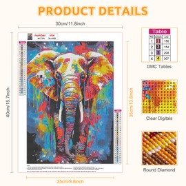 RICUVED Colourful Elephant Diamond Painting Adults, 5D Animals Diamond Painting Pictures, Adults, DIY Diamond Painting Pictures, Diamond Painting Set for Wall Decoration, 30 x 40 cm