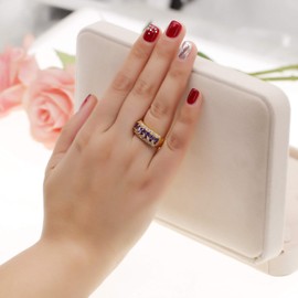 Uloveido Gold Plated 7 Stones Mother Ring, Oval Cut Simulated Amethyst Wedding Band, Purple Cubic Zirconia Jewelry J501 (Gold, Purple, Size Q)