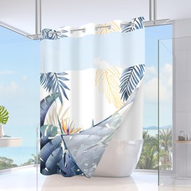 TWLSNCD No Hook Tropical Shower Curtain with Snap in Liner Set - Summer Palm Monstera Plant Leaf for Bathroom Decor - Hotel Quality Botanical Ringless Double Layer, Blue 71" x 74"