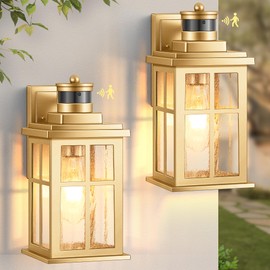 VIANIS 2 Pack Motion Sensor Outdoor Wall Lights, Modern Gold Exterior Garage Lighting Fixtures Wall Mount for House, Anti-Rust Waterproof Dusk to Dawn Front Porch Lights Wall Lantern Sconce for Patio