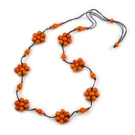 Avalaya Stunning Orange Wood Flower Black Cotton Cord Long Necklace - 90cm L
