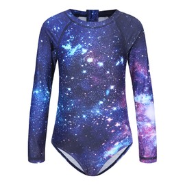 Big Girls One Piece Bathing Suits Long Sleeve Space Swimsuits UPF 50+/Sun Protection Rash Guard Shirts Size 12/10-12